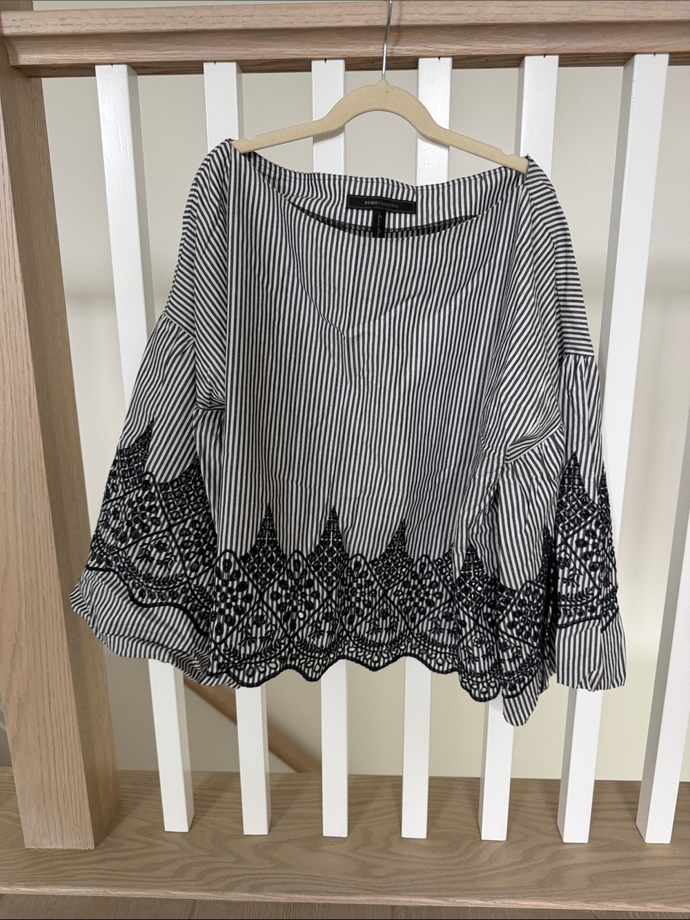 BCBGMaxAzria Black & White Striped Embroidered Bell Sleeve Top